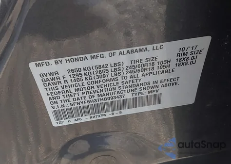 2017 Honda Pilot Ex from USA, damaged, VIN 5FNYF6H37HB093437